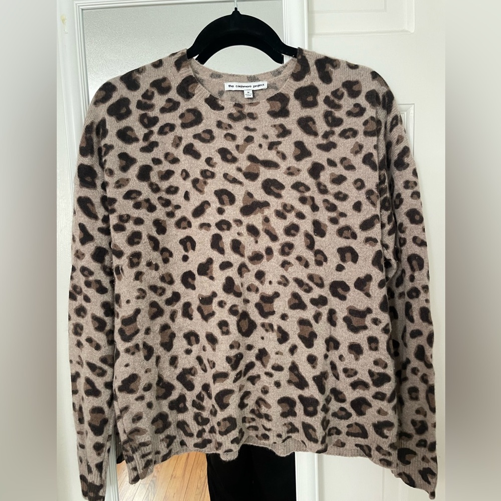 The Cashmere Shop Leopard Crewneck Sweater - Taupe/Brown Sz M
